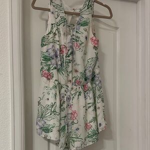 White Floral Sleeveless Romper with Green Leaves